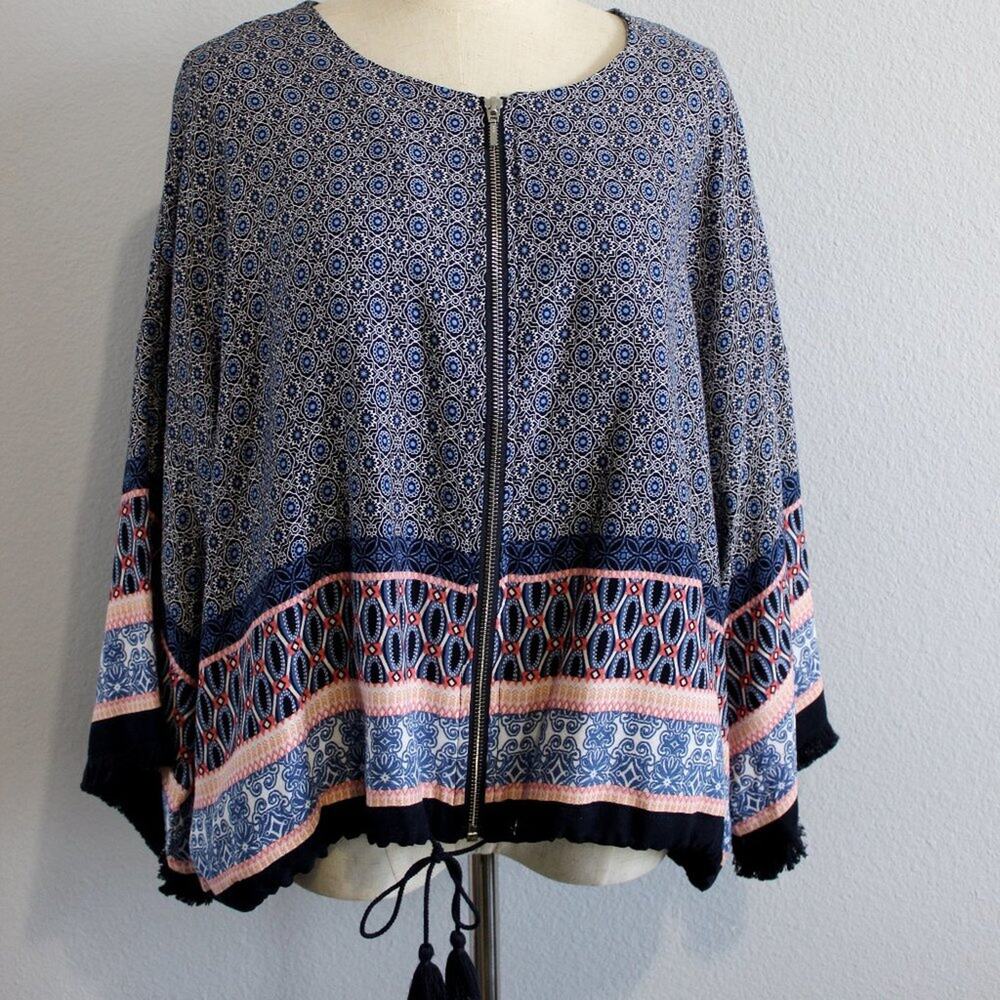 Christopher & Banks Bell Sleeve Boho Blouse With Zipper Front Tassel Hem Size XL